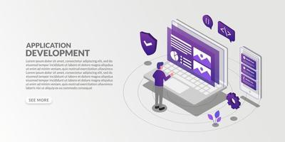 Mobile application development in isometric style, UX UI design concept vector