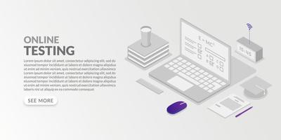 Online testing concept in isometric style, examination from home by internet learning course vector