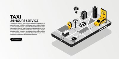 servicio de taxi en línea con la metrópolis conectada en diseño isométrico vector