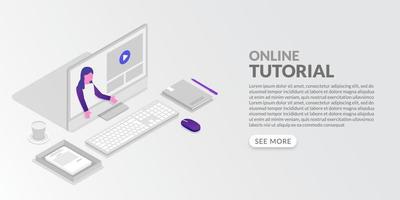 Online tutorial concept in isometric style, learn from home by video conference platform vector