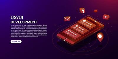 Mobile application development, UX UI design concept in isometric design vector