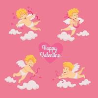 Valentine's day card vector illustration. Cute cupid angels character with bow and arrow