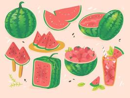 Vector watermelon set. Watermelon,  fresh watermelon slices, dessert, drink, watermelon juice, square melon, popsicles. Cartoon style. Summer party, mood, vibes. Healthy food