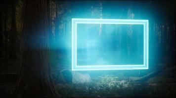 Neon glowing rectangle frame in the night forest photo