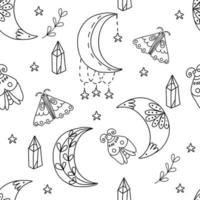 Celestial boho pattern with moon, stars, crystal, moth vector