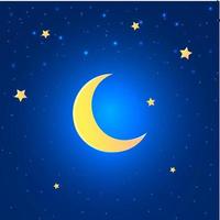 luna creciente brillante y estrellas en el cielo azul. fondo de noche estrellada con ilustrador de vector de luna creciente.