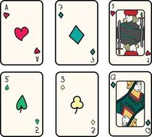 juego de cartas de juego dibujadas a mano al estilo garabato infantil. incluye números de diamantes, corazones, tréboles y picas. incluye a, siete, cinco, tres, reina q y jota j. vector
