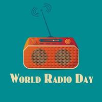 Banner or poster for world radio day with retro cassette stereo system on turquoise background with concept lettering vector