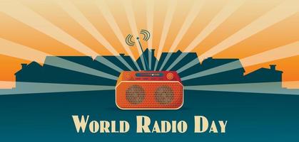 Banner or poster for world radio day with retro cassette stereo system on city background with concept lettering vector