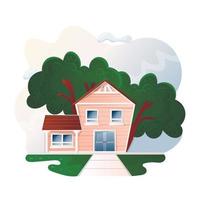 Rustic two-storey retro house in flat style with a tree in the backyard. country landscape vector