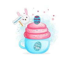 Happy easter day bunny holding sign text. Easter dessert cup with easter egg decoration vector