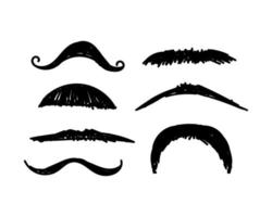 A set of mustachioed doodle icons. Hand-drawn doodles in sketch style. Line drawing of a simple mouth beard. Isolated vector illustration.