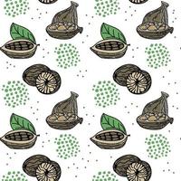 A seamless pattern of spices, condiments for food and drink. Hand-drawn, doodle-style elements. Cardamom, cacao beans, and nutmeg. A simple vector in a doodle style.