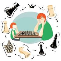 Hand-drawn people at a game of chess. Set of cartoon chess game, chess pieces. Doodle sketch style. Vector illustration.