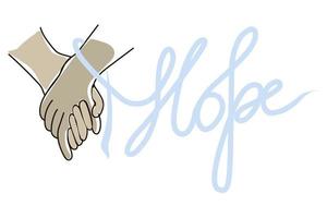 Keep your hands together. AIDS Day. December 1. vector. flat style. Partners' hands together. Ribbon around the wrist transitioning into the inscription Hope. vector