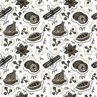 Seamless spice pattern, drawn element in doodle style. Christmas. Spices for mulled wine. Herbs and spices - anise, cloves, cardamom and cacao beans. Linear style pattern and warm chocolate palette. vector