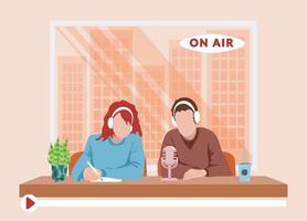 Podcast in home studio flat vector illustration. Woman and man on radio station cartoon characters. Man and woman with headphones and microphone. Radio. Mass broadcasting.