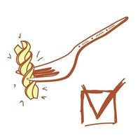 un boceto dibujado a mano, estilo garabato. votando, si. marque con una casilla. macarrones hechos a mano, fusilli, tenedor. vector