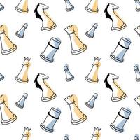 Seamless background of hand drawn icons of chess pieces and algebraic chess notation, pawn, knight, rook, bishop, king, queen, Icons of chess on a white isolated background. Vector illustration.