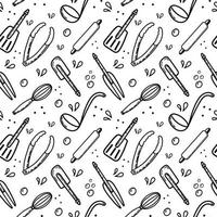 A seamless pattern of hand-drawn elements. Chef's tools rolling pin, tongs, spatula, whisk, and fork. Doodle style vector illustration.
