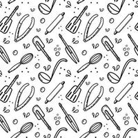 A seamless pattern of hand-drawn elements. Chef's tools rolling pin, tongs, spatula, whisk, and fork. Doodle style vector illustration.