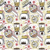 Seamless pattern, hand-drawn techniques in doodle style. Toaster, blender, frying pan, and hand-drawn lettering. Breakfast. Good Morning. Healthy Eating. A simple doodle style vector. vector