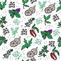 Seamless pattern of herbs, drawn element in doodle style. Culinary, Kitchen. Herbs and spices - parsley, asparagus, rosemary and bay leaf. Pattern in a trendy linear style and green palette. vector