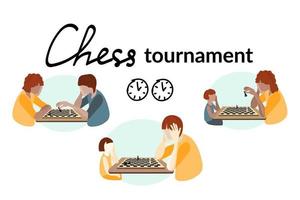 The concept of a chess tournament. People of different ages and races play chess. Chessboard and the pieces on it. Vector in flat style.