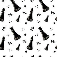 Seamless pattern of cartoon chess pieces on white background. Hand-drawn elements. Queen, rook and pawn. Doodle style vector. vector