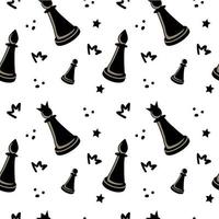 Seamless pattern of cartoon chess pieces on white background. Hand-drawn elements. Queen, rook and pawn. Doodle style vector. vector