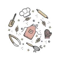 Hand-drawn chef's tools and clothes in doodle style. Vector elements arranged in a circle. Wheat. Cook's cap, apron and oven mitts. Scoop, spatula and tongs.