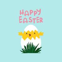 Happy Easter greeting card with cute chicken from egg shell. Vector illustration.