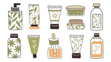 A set of bottles and tubes of cosmetics, jars for skin care with face, hair and body cream. Trendy style for postcard, banner, wrapping paper template. Vector illustration.