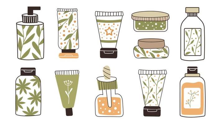 A set of bottles and tubes of cosmetics, jars for skin care with face, hair  and body cream. Trendy style for postcard, banner, wrapping paper template.  Vector illustration. 5295191 Vector Art at
