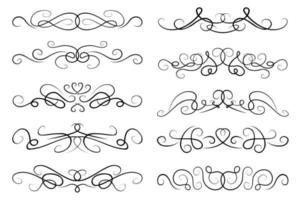 divisores de texto vectorial. colección de diseños de separación de párrafos. bordes en espiral ornamentados en negro, líneas curvas, elegantes separadores de texto vector