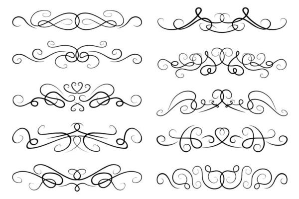 Vector text dividers. Collection of paragraph separating designs. Black ornate swirly borders, curvy lines, elegant text dividers set