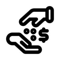 Donation of zakat by hand giving a few dollar coins outline style icon symbol vector