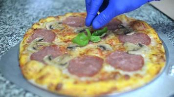 heiße Pizza mit Salami, Tomate, Mozzarella und Basilikum video