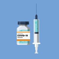 Coronavirus vaccine and Syringe. Treatment for coronavirus covid-19. Flat vector illustrations isolated on blue background.