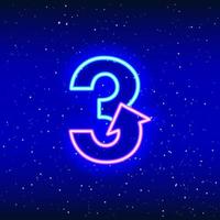 Number 3 and arrow sign icon in neon blue and pink color. Arrowed numeral three of space stars. Neon linear digit design. Realistic neon icon. Linear icon on blue background. vector