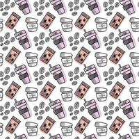 Vector seamless pattern. Outline Illustrations of reusable cups. Coffee and tea mugs for take away drinks. For advertising social media posts printing on paper and fabric.