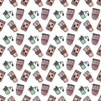 Vector seamless pattern. Outline Illustrations of reusable cups. Coffee and tea mugs for take away drinks. For advertising social media posts printing on paper and fabric.