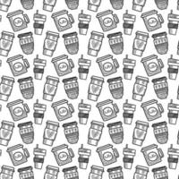 Vector seamless pattern. Outline Illustrations of reusable cups. Coffee and tea mugs for take away drinks. For advertising social media posts printing on paper and fabric.