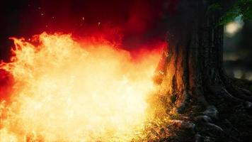 Wind blowing on a flaming trees during a forest fire photo