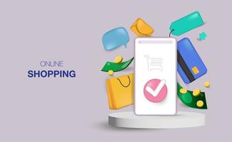Online shopping. Online shopping 3d design mobile apps. For web banners and posters. Vector illustration realistic