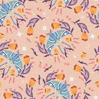 Moth and floral motifs, seamless pattern design. Colorful flat vector illustration with moth, flowers, floral elements and stars.