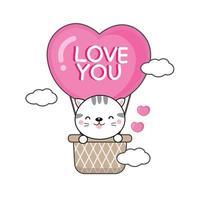 Cute Cat in hot air balloon.Valentine's day card. vector