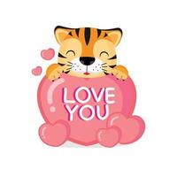 Valentines day greeting card.  Cute tiger with big heart. vector