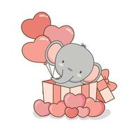 Cute Elephant holding pink ballon and sit in the gift box. Valentines day greeting card. vector