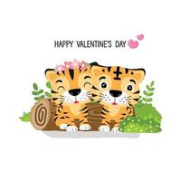 Valentines day greeting card with couple tiger cartoon. vector